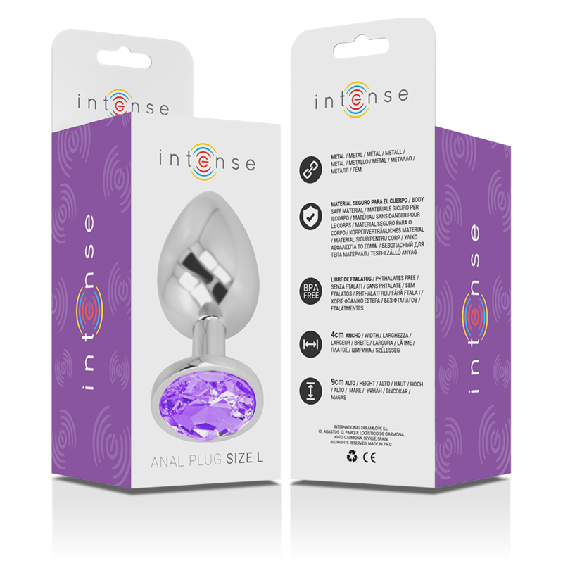 Long plug anal en métal avec bijou violet – présentation produit et emballage