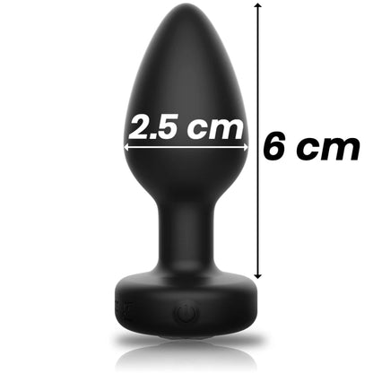 Plug anal vibrant en silicone noir mat à base évasée, dimensions 6 cm par 2,5 cm