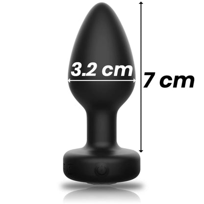 Plug anal vibrant en silicone noir mat à base évasée, dimension 7 cm x 3,2 cm