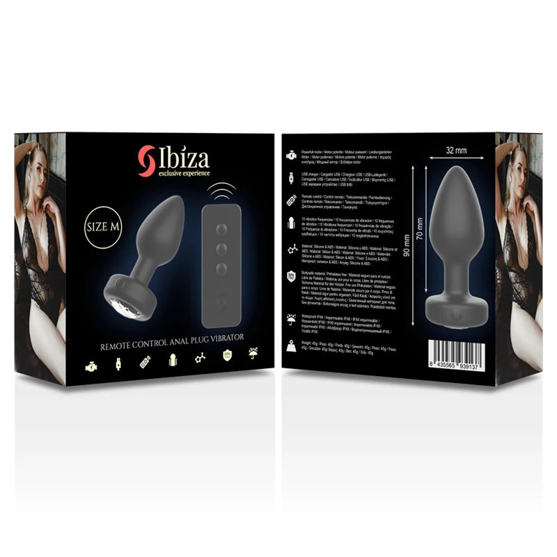 Boîte du plug anal vibrant télécommandé Ibiza taille M, faces avant et arrière avec les caractéristiques