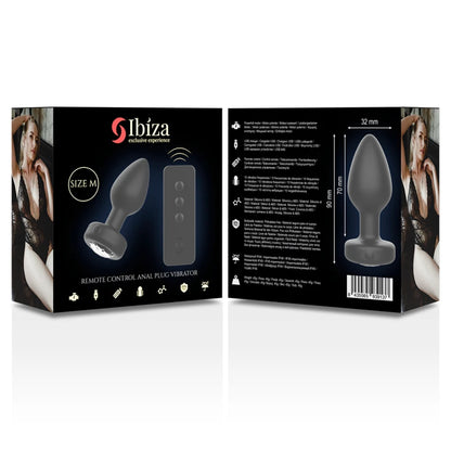 Boîte du plug anal vibrant télécommandé Ibiza taille M, faces avant et arrière avec les caractéristiques