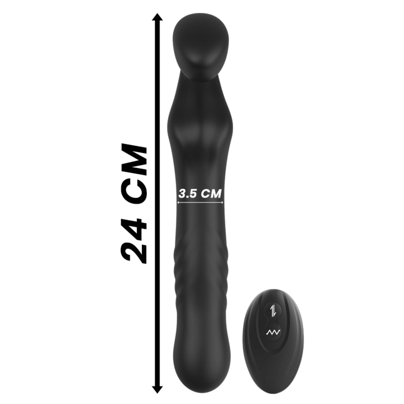 Schéma des dimensions du gode ceinture va-et-vient indiquant une hauteur de 24 cm pour l’ensemble