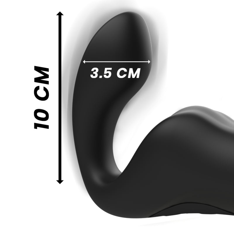 Schéma des dimensions du gode ceinture va-et-vient indiquant une hauteur de 10 cm et largeur de 3,5 cm