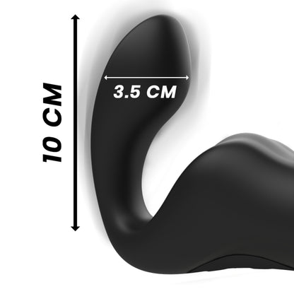 Schéma des dimensions du gode ceinture va-et-vient indiquant une hauteur de 10 cm et largeur de 3,5 cm