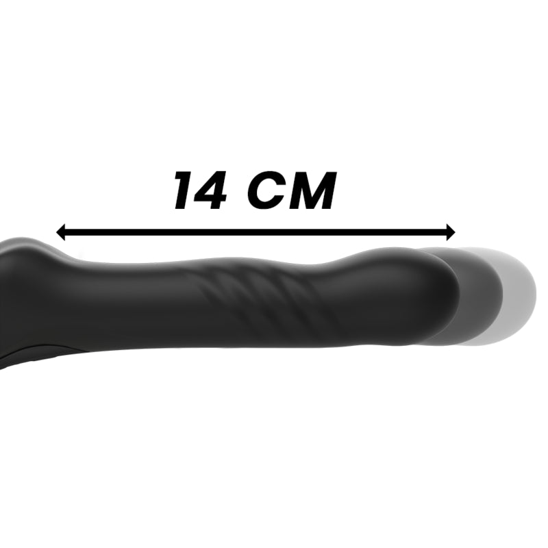 Schéma des dimensions du gode ceinture va-et-vient indiquant une longueur de 14 cm