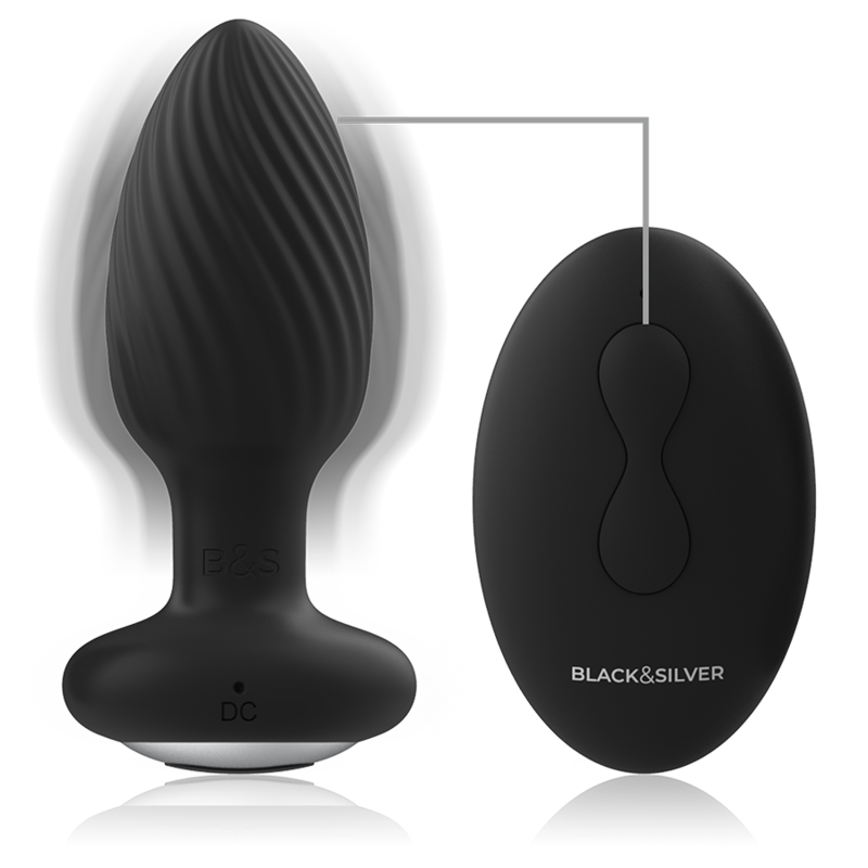 Plug anal rotatif en silicone noir présenté avec sa télécommande ovale, vue montrant la forme striée du plug et le module de contrôle