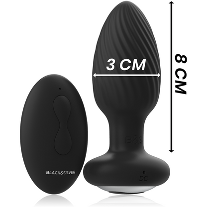 Plug anal rotatif en silicone noir mat, forme conique striée avec tête effilée, base large et plate, vue frontale avec dimensions indiquées 8 cm de hauteur et 3 cm de diamètre