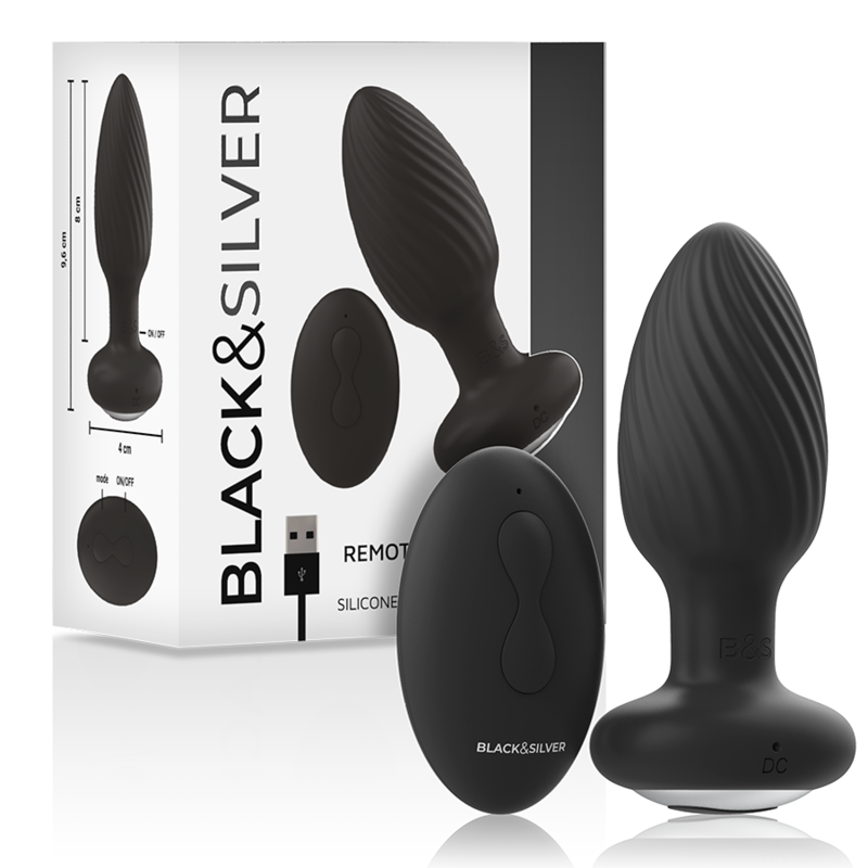 Boîte du plug anal rotatif en silicone noir, vue alternative présentant le produit et les informations principales