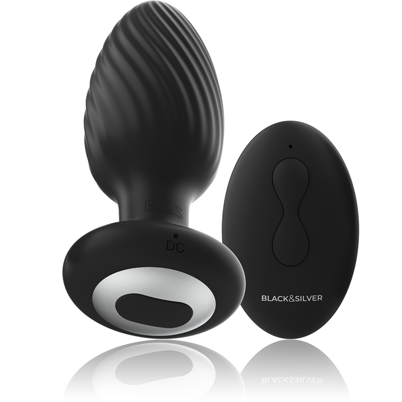 Plug anal rotatif en silicone noir vu de profil, montrant la tête striée, la base élargie et la finition mate
