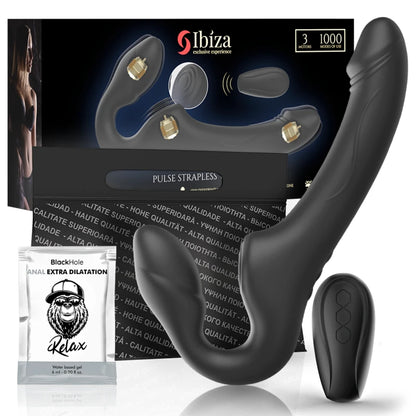 Gode ceinture strapless Ibiza Pulse Strapless 3 moteurs 1000 modes — packaging complet avec télécommande et lubrifiant