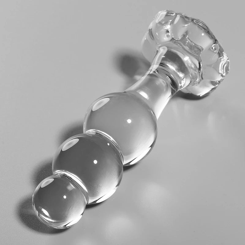 Plug anal en verre transparent avec boules progressives et base décorative sécurisée 