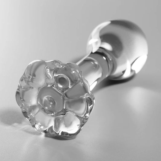 Plug anal en verre transparent design fleur élégant avec base sécurisée