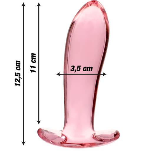 Plug anal transparent rose en verre lisse avec base T-bar, vue frontale avec indication des dimensions, hauteur totale, diamètre maximal et largeur de la base