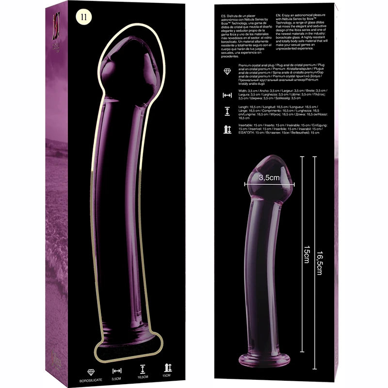 Gode 16 cm réaliste en verre rose – présentation produit et packaging