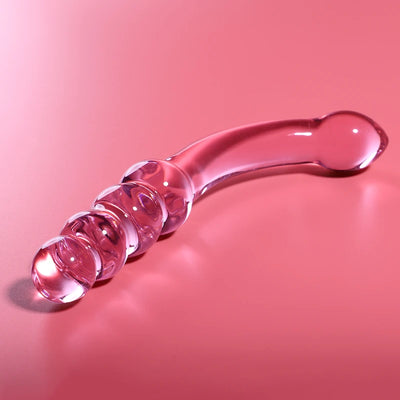 Godemichet en verre courbé avec reliefs perlés pour stimulation ciblée du point G et sensations amplifiées