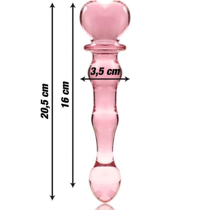 Godemichet en verre rose avec tête en forme de cœur et indication des dimensions 20,5 cm de longueur et 3,5 cm de largeur