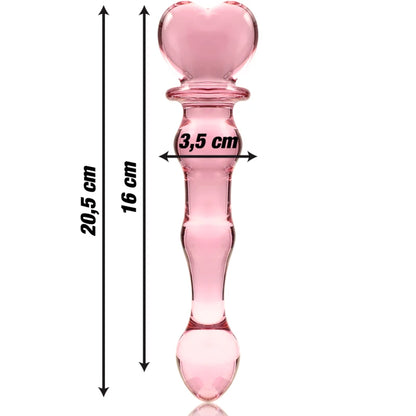 Godemichet en verre rose avec tête en forme de cœur et indication des dimensions 20,5 cm de longueur et 3,5 cm de largeur