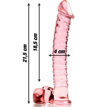 Godemichet en verre rose avec dimensions 21,5 cm longueur totale, 18,5 cm insérable et 4 cm de diamètre – sextoy en verre texturé