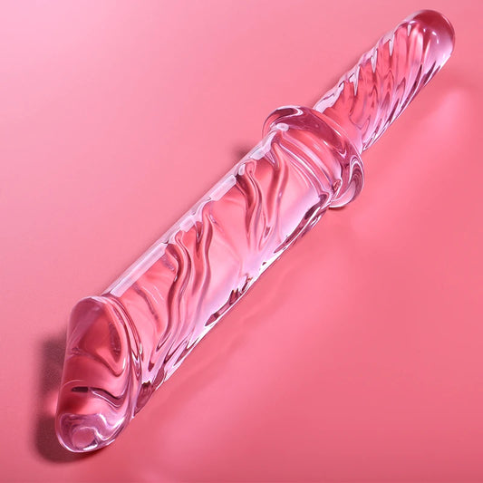 dildo en verre rose texturé avec reliefs pour stimulation intense et design élégant