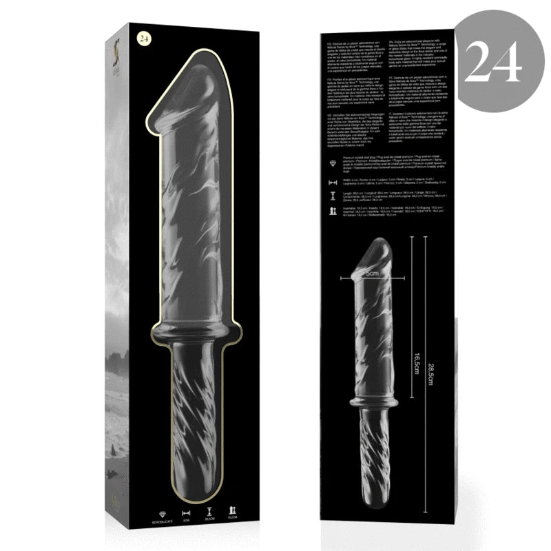 boîte dildo en verre transparent avec packaging noir et dimensions produit indiquées