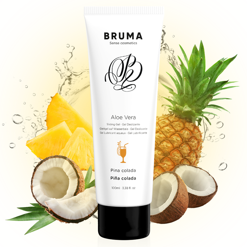 Lubrifiant saveur Piña Colada en tube souple blanc et noir, présenté avec visuels d’ananas et de noix de coco illustrant l’arôme