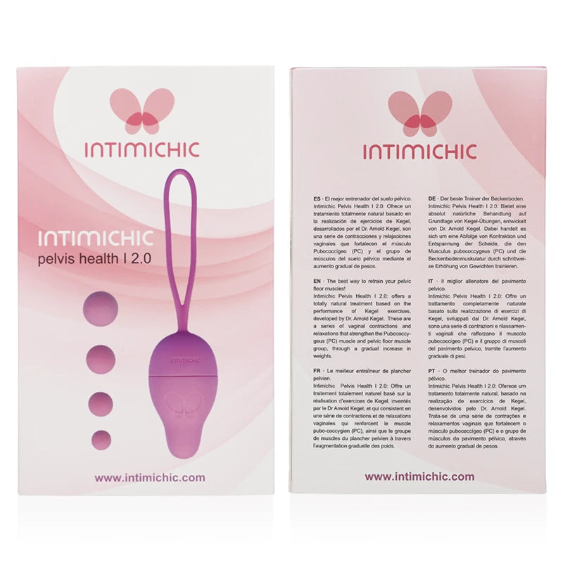 boîte produit Intimichic avec boule de Kegel rose et informations multilingues entraînement périnée