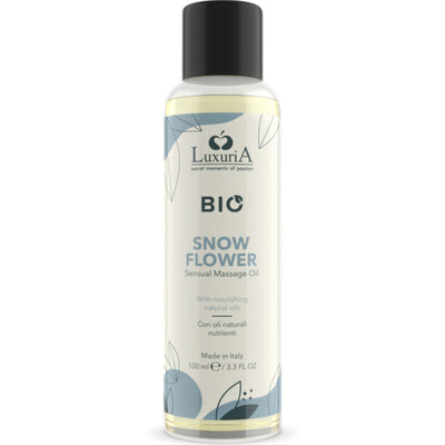 Huile de massage sensuelle bio Luxuria Snow Flower en flacon 100 ml