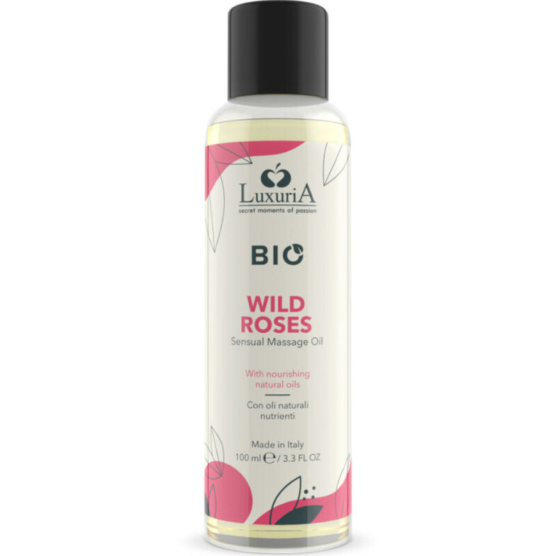 Huile de massage sensuelle Luxuria Bio Wild Roses en flacon 100 ml sur fond blanc