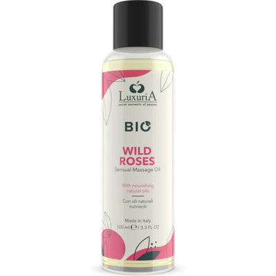 Huile de massage sensuelle Luxuria Bio Wild Roses en flacon 100 ml sur fond blanc