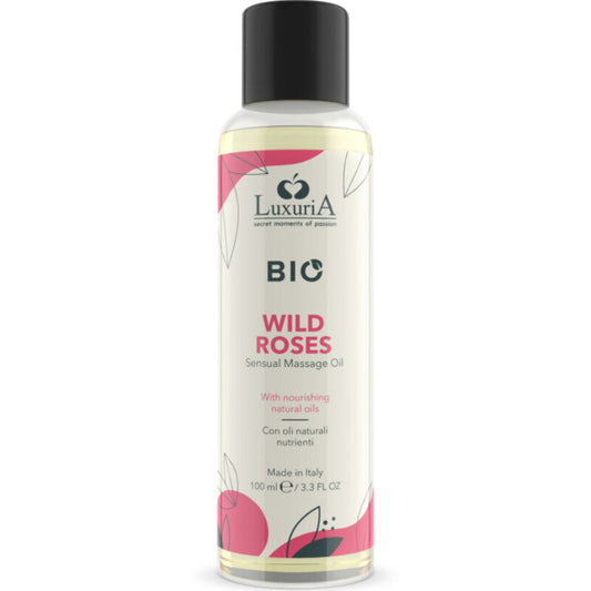 Huile de massage sensuelle Luxuria Bio Wild Roses en flacon 100 ml sur fond blanc