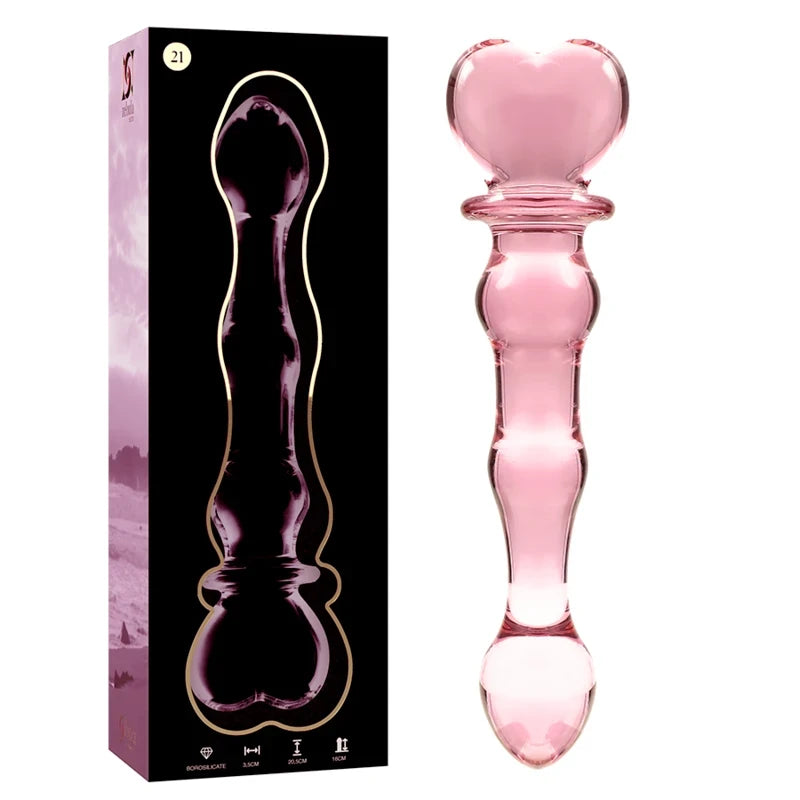 Godemichet en verre rose avec tête en forme de cœur et coffret produit, design élégant en verre borosilicate body-safe