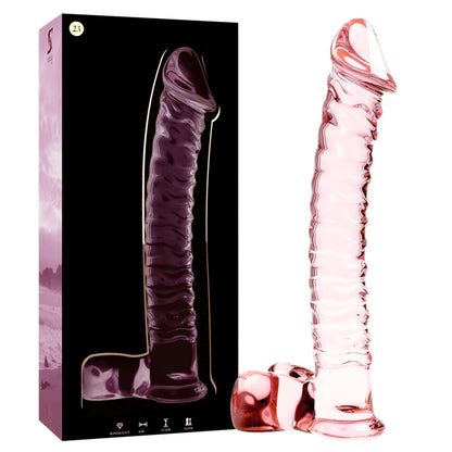Godemichet en verre texturé rose avec base sécurisée et boîte produit – sextoy hygiénique, durable et élégant