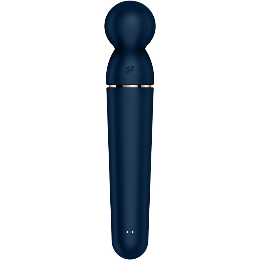 Vibromasseur wand body bleu foncé en silicone, vue frontale montrant la même forme allongée et la tête ronde de massage