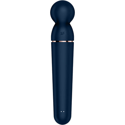 Vibromasseur wand body bleu foncé en silicone, vue frontale montrant la même forme allongée et la tête ronde de massage