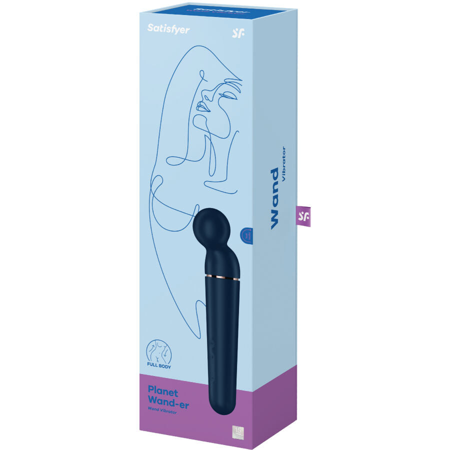 Packaging du vibromasseur wand body bleu, vue de la boîte avec visuel du masseur et design assorti