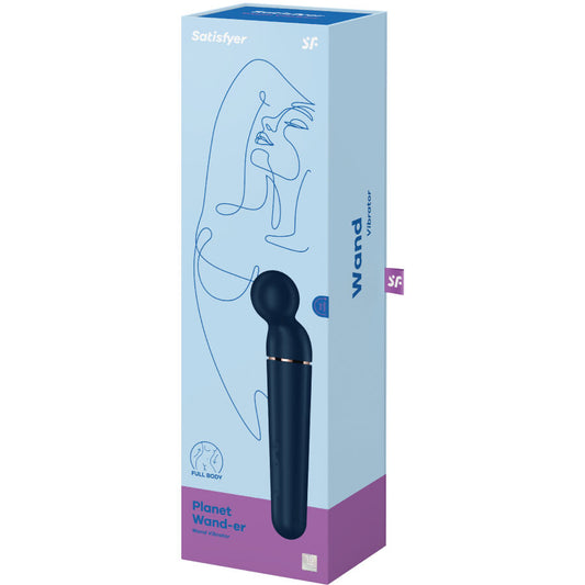 Packaging du vibromasseur wand body bleu, vue de la boîte avec visuel du masseur et design assorti