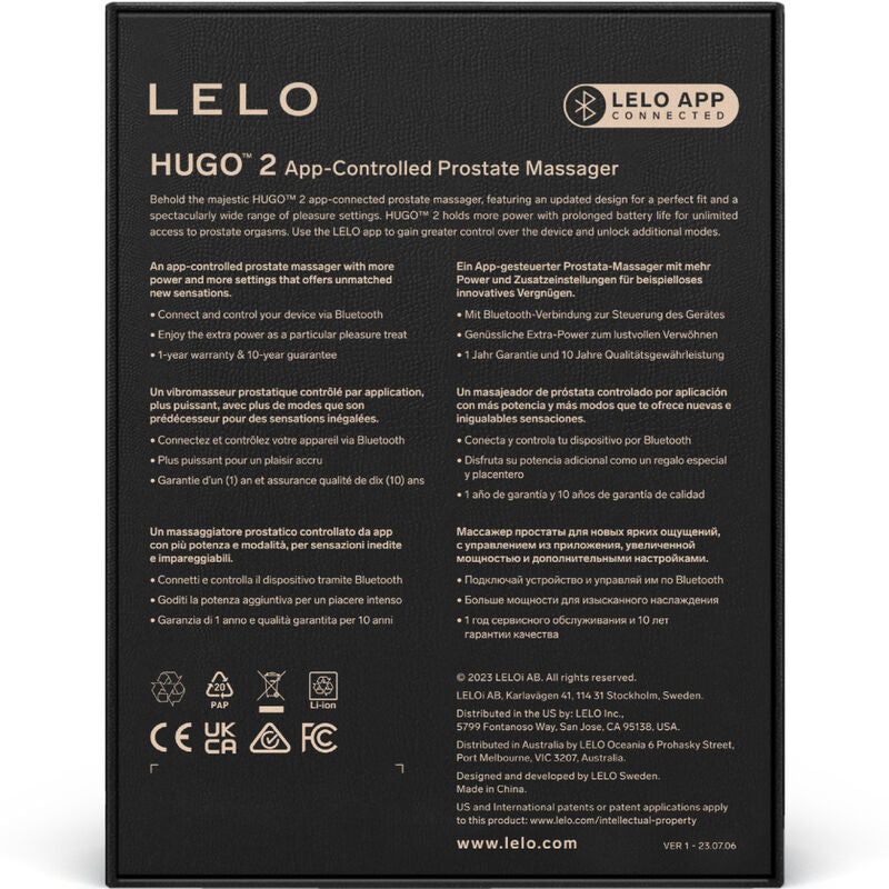 Boîte arrière du masseur prostatique LELO Hugo 2 avec description des fonctionnalités et compatibilité application mobile