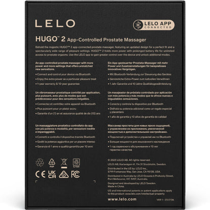 Boîte arrière du masseur prostatique LELO Hugo 2 avec description des fonctionnalités et compatibilité application mobile