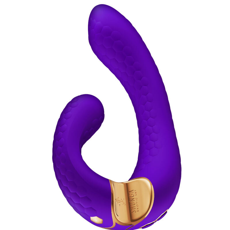 Vibromasseur Shunga Miyo violet en silicone, vue latérale illustrant la courbure ergonomique et la surface lisse