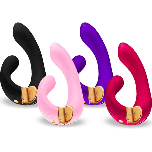 Vibromasseur Shunga Miyo en silicone doux, présenté en plusieurs coloris (noir, rose, violet, rouge), forme ergonomique incurvée avec extrémité arrondie et base dorée