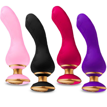Vibromasseur Shunga Sanya en silicone doux, présenté en plusieurs coloris (rose clair, noir, rouge, violet), forme incurvée ergonomique avec tête arrondie et base dorée