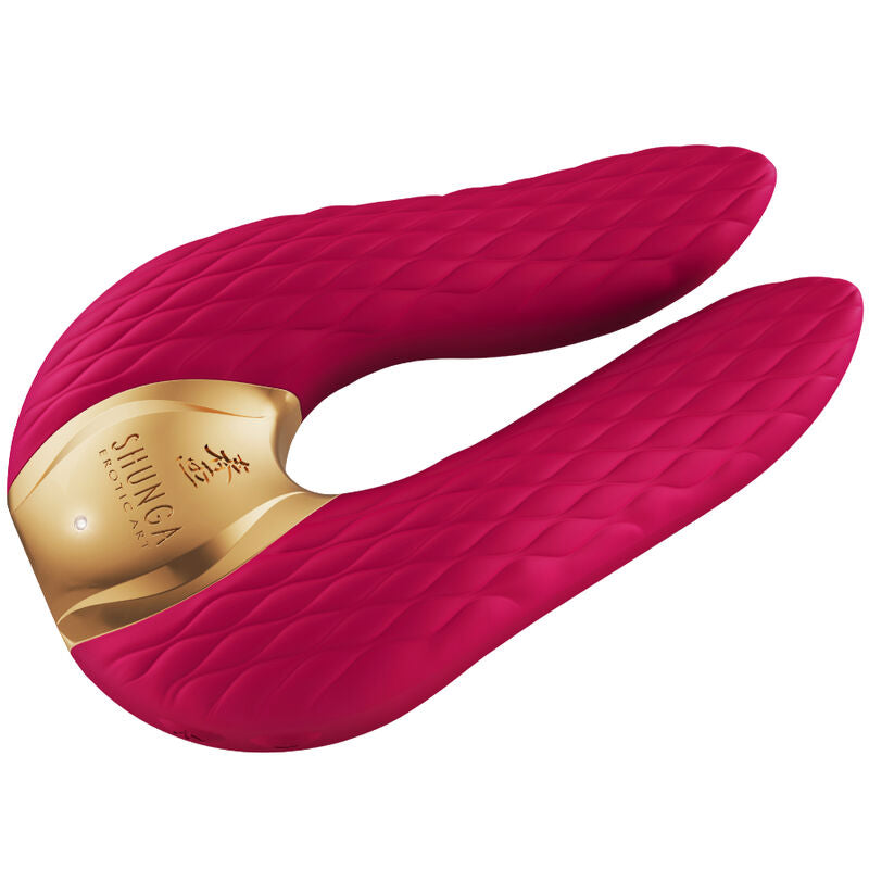 Vibromasseur Shunga Aiko rose fuchsia en silicone, vue latérale mettant en évidence la double extrémité texturée et la base dorée