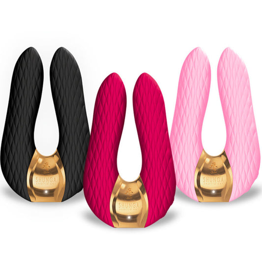 Vibromasseur Shunga Aiko en silicone doux, présenté en plusieurs coloris (noir, rose fuchsia, rose clair), forme incurvée en U avec double extrémité nervurée et base dorée