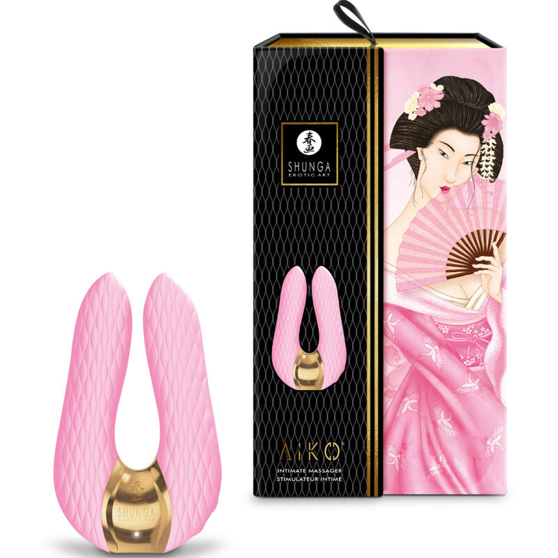 Packaging du vibromasseur Shunga Aiko rose, vue de la boîte avec visuel du produit et informations fabricant