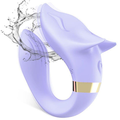 Stimulateur clitoridien télécommandé en silicone violet clair, design ergonomique en forme de renard, tête de stimulation arrondie, anneau incurvé et bague décorative dorée