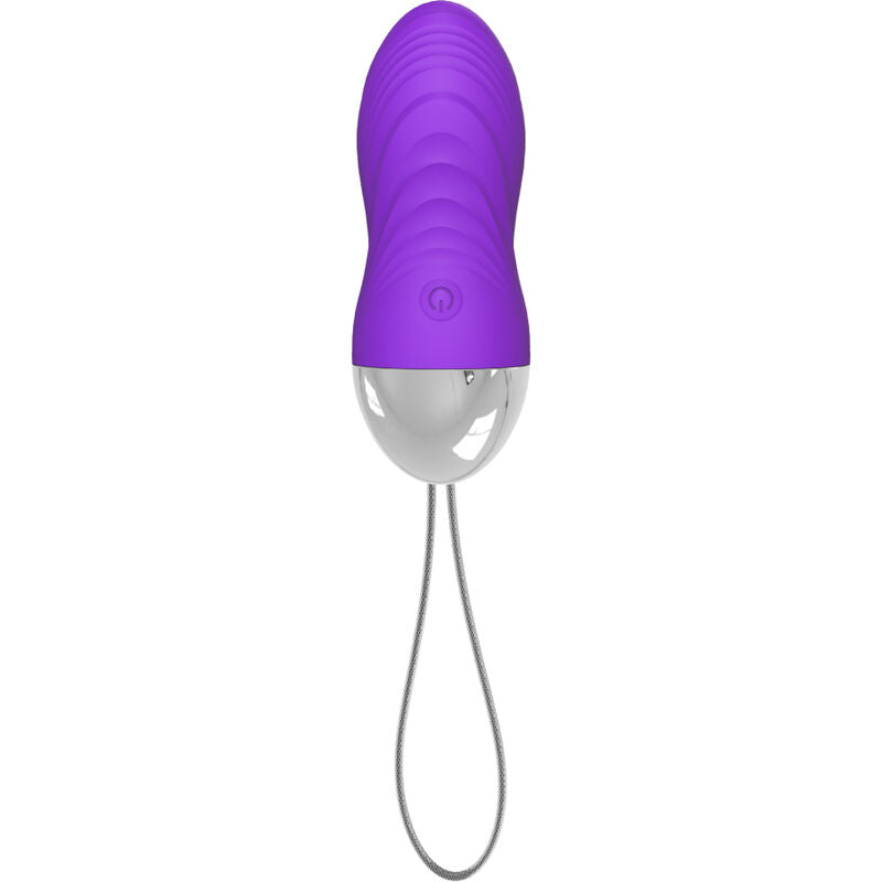 Œuf vibrant violet en silicone avec cordon de retrait, vue verticale montrant la taille compacte et la forme arrondie