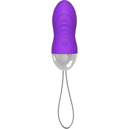 Œuf vibrant violet en silicone avec cordon de retrait, vue verticale montrant la taille compacte et la forme arrondie