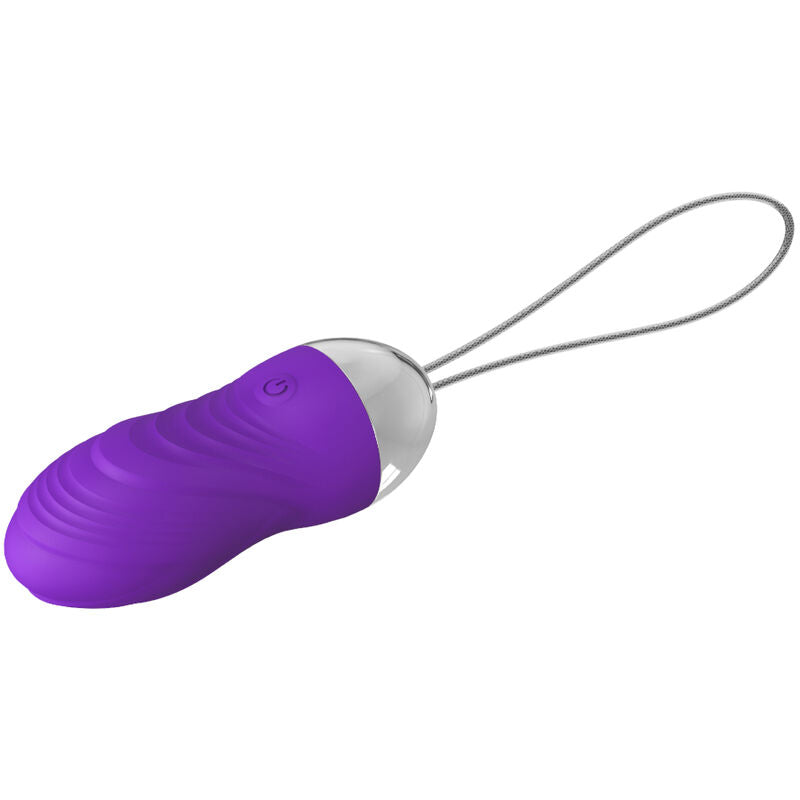 Œuf vibrant violet en silicone lisse avec forme ovoïde, présenté avec cordon de retrait translucide, vue principale