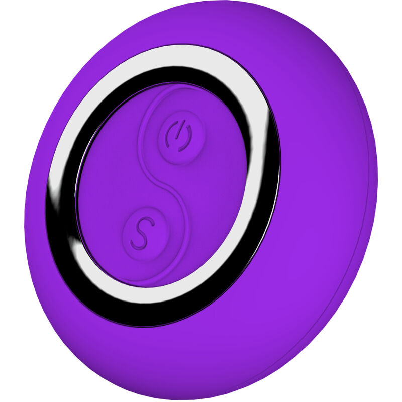 Télécommande circulaire violette de l’œuf vibrant, vue de face montrant les boutons de contrôle