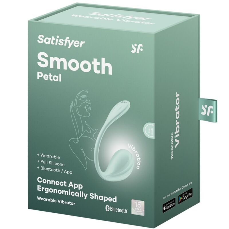 Packaging du Satisfyer Smooth Petal vert menthe, vue de la boîte avec visuel du produit et informations fabricant